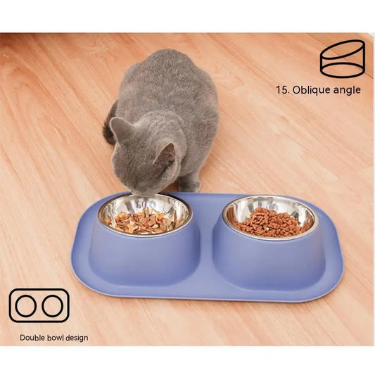 Stainless Steel Cat Double Bowl Neck Guard Cat Dog Drinking Water Feeding Basin Large Capacity Separate Pet Feeding Supplies