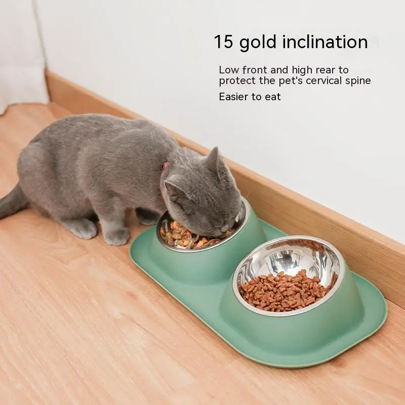 Stainless Steel Cat Double Bowl Neck Guard Cat Dog Drinking Water Feeding Basin Large Capacity Separate Pet Feeding Supplies