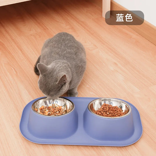 Stainless Steel Cat Double Bowl Neck Guard Cat Dog Drinking Water Feeding Basin Large Capacity Separate Pet Feeding Supplies