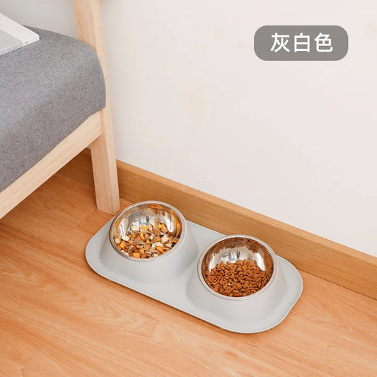 Stainless Steel Cat Double Bowl Neck Guard Cat Dog Drinking Water Feeding Basin Large Capacity Separate Pet Feeding Supplies