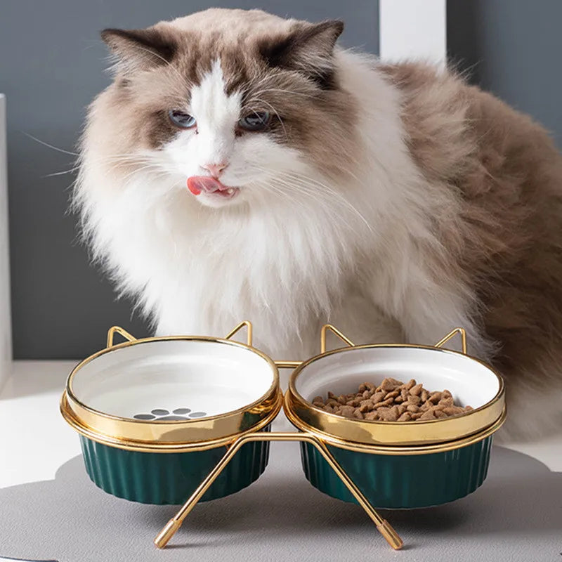 Poursweet Cat Ceramic Bowl Pet Feede with Metal Stand