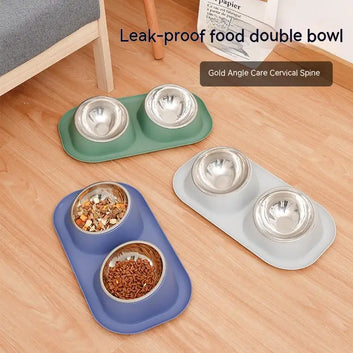 Stainless Steel Cat Double Bowl Neck Guard Cat Dog Drinking Water Feeding Basin Large Capacity Separate Pet Feeding Supplies